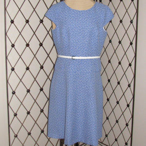 ANNE KLEIN blue white belted cap sleeve dress 14